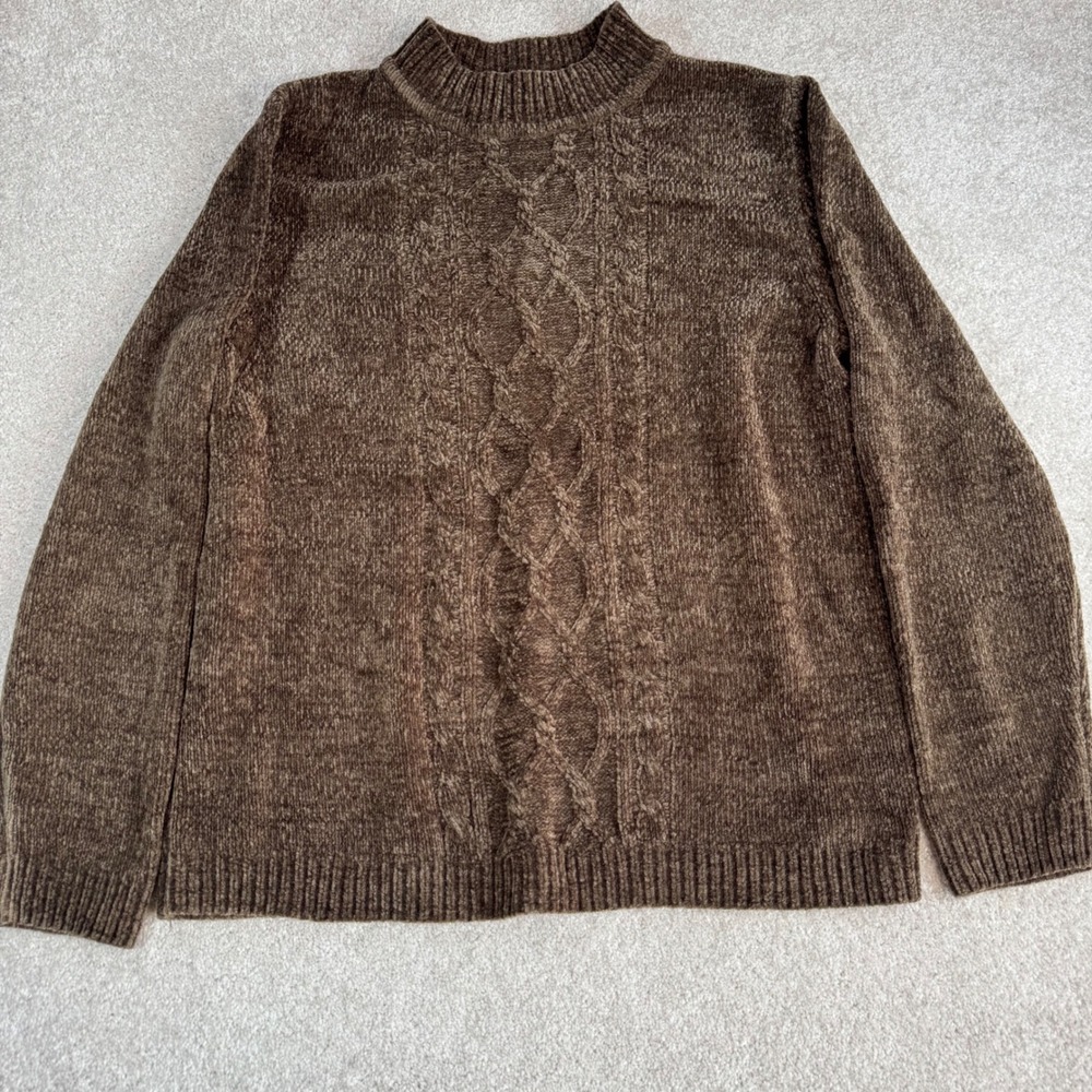 Alfred Dunner Brown Chenille Cable Knit Mock Neck Pullover Sweater Womens Medium
